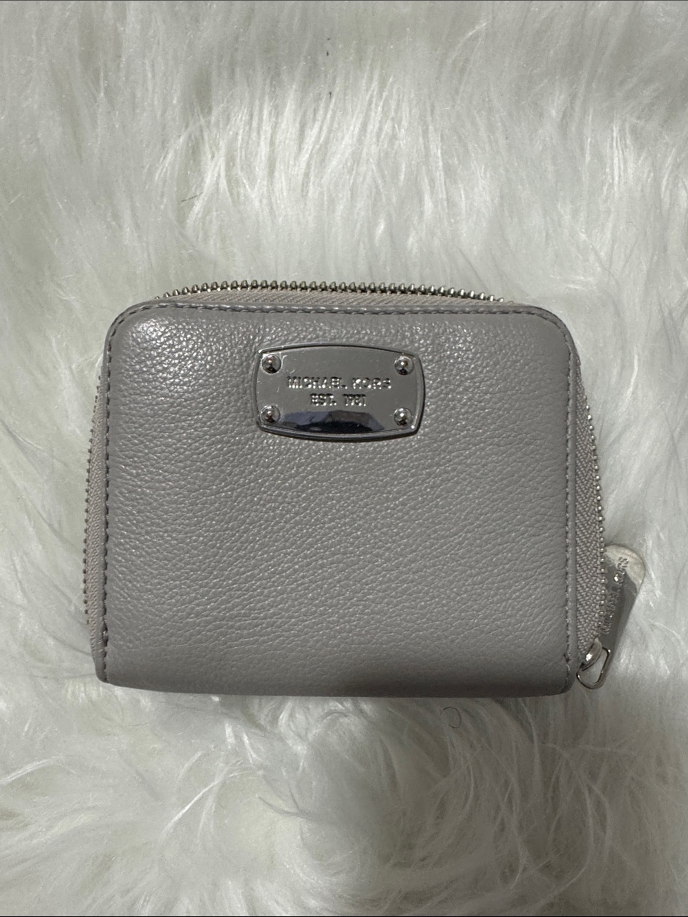 Michael Kors Light Gray Pebbled Leather Zip Card Wallet